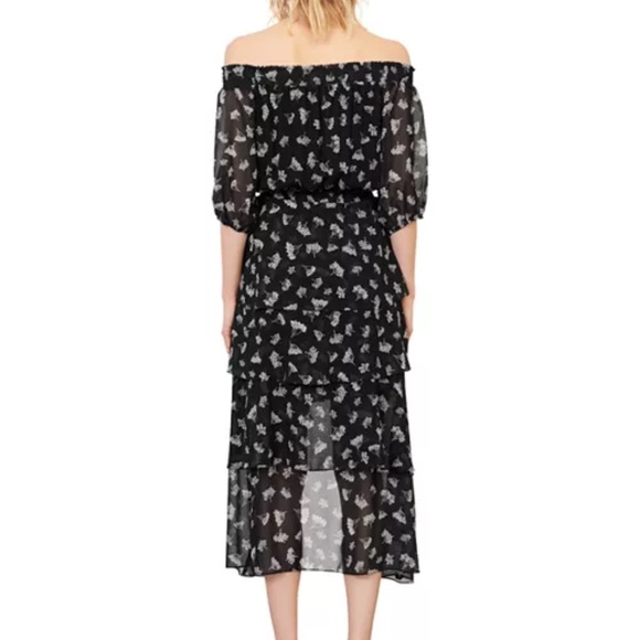Maje Floral Off Shoulder Hi Low Black White Asymmetrical Midi Dress US M l FR 38 - Picture 4 of 14